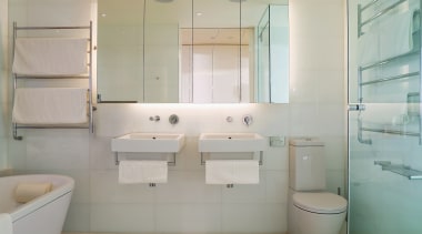 Wall-hung basins with simple faucets and mixers, and bathroom, bathroom accessory, bathroom cabinet, bathroom sink, floor, home, interior design, plumbing fixture, product design, property, room, sink, tile, toilet seat, gray