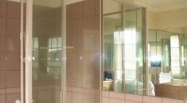 The existing shower stall wasremoved and replaced with bathroom, ceiling, curtain, door, glass, home, interior design, property, real estate, room, wall, window, window covering, window treatment, gray, brown