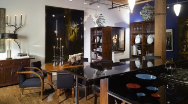 A view of the kitchen and dining areas, interior design, restaurant, table, black, brown