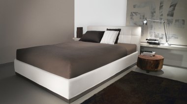 View of contemporary bedroom furniture - boxlike bed bed, bed frame, bed sheet, bedroom, floor, flooring, furniture, interior design, mattress, product design, gray, black