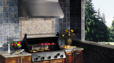 Enclosed barbeque room with timber cabinetry, and stainless countertop, home appliance, kitchen, kitchen appliance, outdoor grill, black, gray