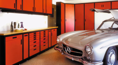 View of home garage with red storage cabinets automotive design, automotive exterior, car, classic, interior design, motor vehicle, personal luxury car, sports car, vehicle, red, white