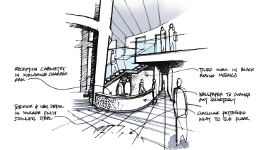 A sketch drawing of the CMS reception area angle, artwork, black and white, brigantine, caravel, carrack, diagram, drawing, font, galleon, line, line art, naval architecture, product design, sailing ship, ship, sketch, watercraft, white