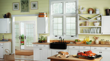 View of kitchen with white cabinetry, with white cabinetry, countertop, cuisine classique, home, interior design, kitchen, room, window, white, yellow