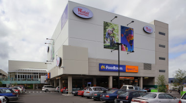 View of the 3D signs installed in the advertising, building, car, city, commercial building, mixed use, shopping mall, white, gray