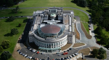 The Auckland War Memorial Museum, inaugurated in 1929, aerial photography, bird's eye view, city, brown, black, gray