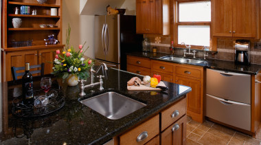 A view of frameless cabinets in alder, with cabinetry, countertop, cuisine classique, interior design, kitchen, room, brown