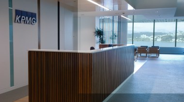 A view of the KPMG's offices. - A architecture, floor, flooring, furniture, glass, interior design, lobby, office, gray