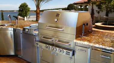 A view of the Stainless steel outdoor cooking countertop, kitchen, property, real estate, brown