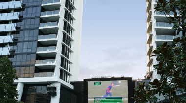 A view of the 50  metre squared apartment, architecture, building, city, commercial building, condominium, corporate headquarters, daytime, downtown, hotel, metropolis, metropolitan area, mixed use, residential area, skyscraper, tower block, urban area, black, white