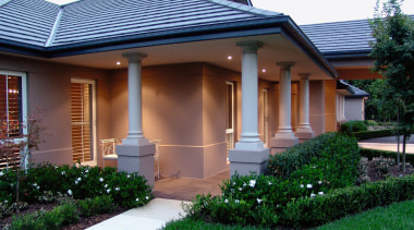 A view of a home built by Denton estate, facade, home, house, landscaping, mansion, outdoor structure, porch, property, real estate, residential area, roof, siding, structure, window, yard