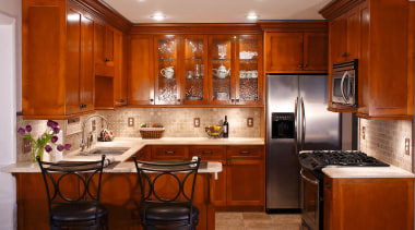 A view of this kitchen featuring solid maple cabinetry, countertop, cuisine classique, interior design, kitchen, real estate, room, brown
