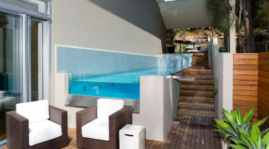A view of a home developed by Lend architecture, furniture, house, interior design, property, swimming pool, table, gray