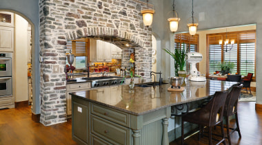 A view of this kitchen featuring quatrsz benchtops, countertop, cuisine classique, estate, home, interior design, kitchen, real estate, room, gray, brown
