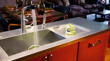 A view of frameless cabinets in alder, with countertop, furniture, interior design, kitchen, sink, table, red, gray