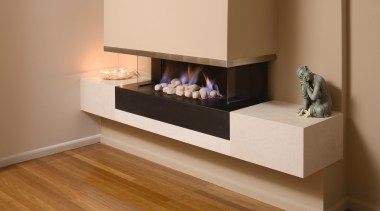 Image of the Jetmaster Horizon gas log fires. drawer, fireplace, floor, flooring, furniture, hardwood, hearth, laminate flooring, product design, shelf, table, wood, wood flooring, brown, orange