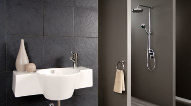 A view of some bathroomware from Aquatica. - bathroom, bathroom accessory, bathroom cabinet, bathroom sink, ceramic, floor, interior design, plumbing fixture, product design, room, sink, tap, tile, wall, black, gray