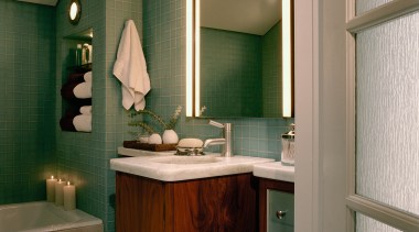 Onyx,stainless steel, walnut, frosted glass, glass tile and bathroom, bathroom accessory, bathroom cabinet, cabinetry, countertop, floor, interior design, room, sink, brown, gray