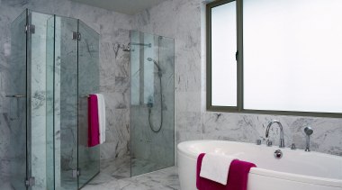 A view of the master ensuite, tiled floor architecture, bathroom, floor, home, interior design, plumbing fixture, property, purple, room, tile, wall, window, gray, white