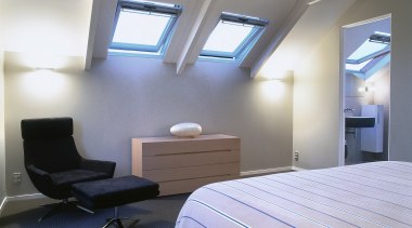 Buildng into the roof area provided enough space architecture, bedroom, ceiling, daylighting, floor, interior design, real estate, room, window, gray