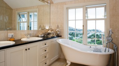 Practical elegance extends to a heated mirror, marble bathroom, estate, home, interior design, property, real estate, room, window, gray, brown