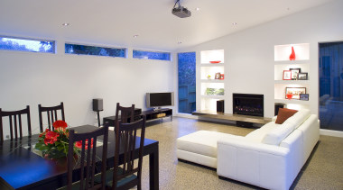 The open-plan interior is warmed by a large interior design, living room, property, real estate, room, gray