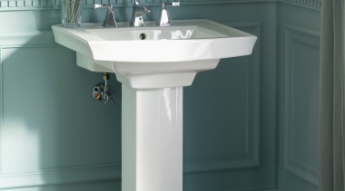 The Kohler Archer Suite, witch includes a pedestal bathroom, bathroom accessory, bathroom cabinet, bathroom sink, floor, flooring, interior design, plumbing fixture, product design, room, sink, structure, tap, tile, gray, black