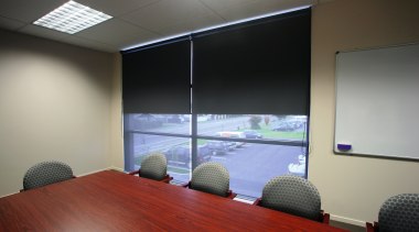A view of some blinds from Window Treatments architecture, ceiling, conference hall, daylighting, floor, glass, interior design, office, table, window, gray, black
