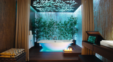 A view of a bathtub by Kohler. - architecture, ceiling, home, house, interior design, living room, room, window, black