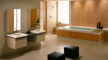 A view of this bathroom featuring tiled flooring, bathroom, floor, flooring, furniture, interior design, plumbing fixture, room, sink, tile, wood flooring, brown