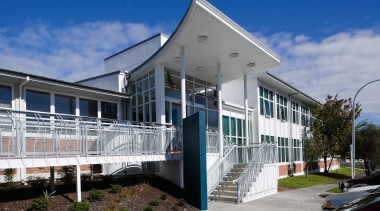 A view of the Papakura District Council's office architecture, building, corporate headquarters, facade, home, house, property, real estate, residential area, gray, blue