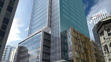 A view of a building designed in conjunction architecture, building, city, commercial building, condominium, corporate headquarters, daytime, downtown, facade, headquarters, hotel, landmark, metropolis, metropolitan area, mixed use, neighbourhood, plaza, sky, skyscraper, tower, tower block, urban area, black, teal