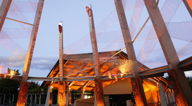 A view of the Te Puia Marae. - architecture, atmosphere of earth, evening, lighting, sky, structure, tourist attraction, teal