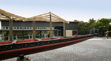 A view of the Te Puia Marae built building, white, gray