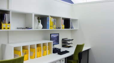 A view of some interior design by Yellowfox. architecture, furniture, interior design, office, product design, shelf, shelving, gray, black