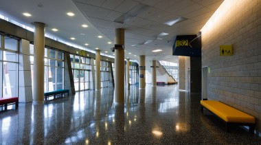 A view of the Vector Arena in Auckland architecture, ceiling, daylighting, floor, flooring, interior design, leisure centre, lobby, real estate, gray, black
