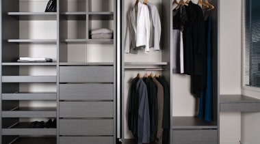 A view of this customised wardrobe supplied and closet, furniture, room, shelf, wardrobe, gray, black