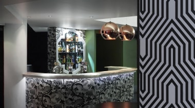 The entrance of the Hunter Bar incorporates three architecture, ceiling, design, glass, interior design, light fixture, wall, wallpaper, black, gray