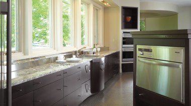 A view of the kitchen area, tiled floor, bathroom, cabinetry, ceiling, countertop, floor, flooring, home, interior design, kitchen, real estate, room, window, gray, black