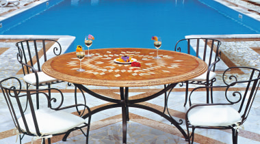 A view of this handcrafted Borgo de'Mastri outdoor chair, furniture, leisure, outdoor furniture, outdoor structure, patio, sunlounger, swimming pool, table, gray