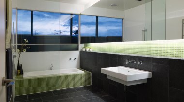 Image of handcrafted stone vessel sinks from Red architecture, bathroom, floor, interior design, property, real estate, room, tile, gray, black