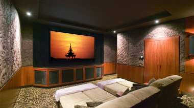 A 110-inch Stewart grey screen and reclining chairs bedroom, ceiling, interior design, room, suite, wall, brown, black