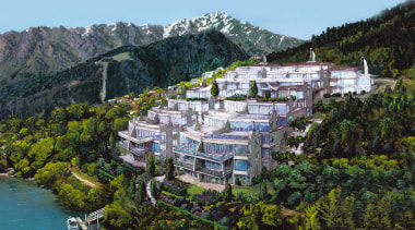 A view of the The Club by the bird's eye view, city, coast, hill station, mount scenery, mountain, mountain range, mountain village, real estate, sky, tourism, tree, village, water, teal, black