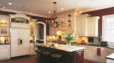 View of winning kitchen design by Insignia Kitchen cabinetry, ceiling, countertop, cuisine classique, floor, flooring, hardwood, interior design, kitchen, laminate flooring, lighting, room, wood flooring, red, orange, white