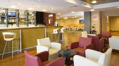 The contemporary upmarket fit-out reflects the stringent quality café, cafeteria, interior design, lobby, restaurant, white, brown