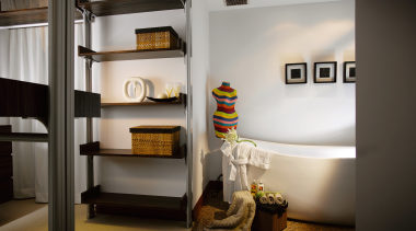 A view of the master bedroom. - A ceiling, furniture, home, interior design, room, shelf, shelving, gray, black