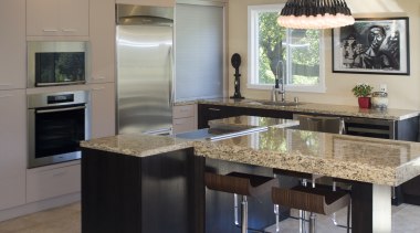 A view of a kitchen designed by Blue cabinetry, countertop, cuisine classique, interior design, kitchen, room, gray, black