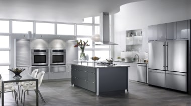 A view of this kitchen featuring the latest cabinetry, countertop, cuisine classique, home appliance, interior design, kitchen, product design, room, gray