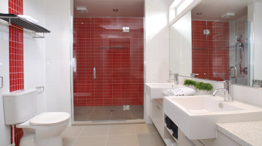Bright feature wall tiles create a light, contemporary bathroom, floor, home, interior design, property, real estate, room, tile, gray, red