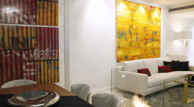 The apartment opens to a covered loggia, which ceiling, interior design, living room, room, wall, white